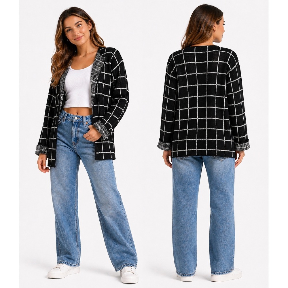 Notations Cardigan Women Medium Black White Windowpane Open Front Knit Sweater